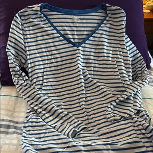 Old Navy Maternity Fitted Long Sleeve Shirt -Blue and White - Size L